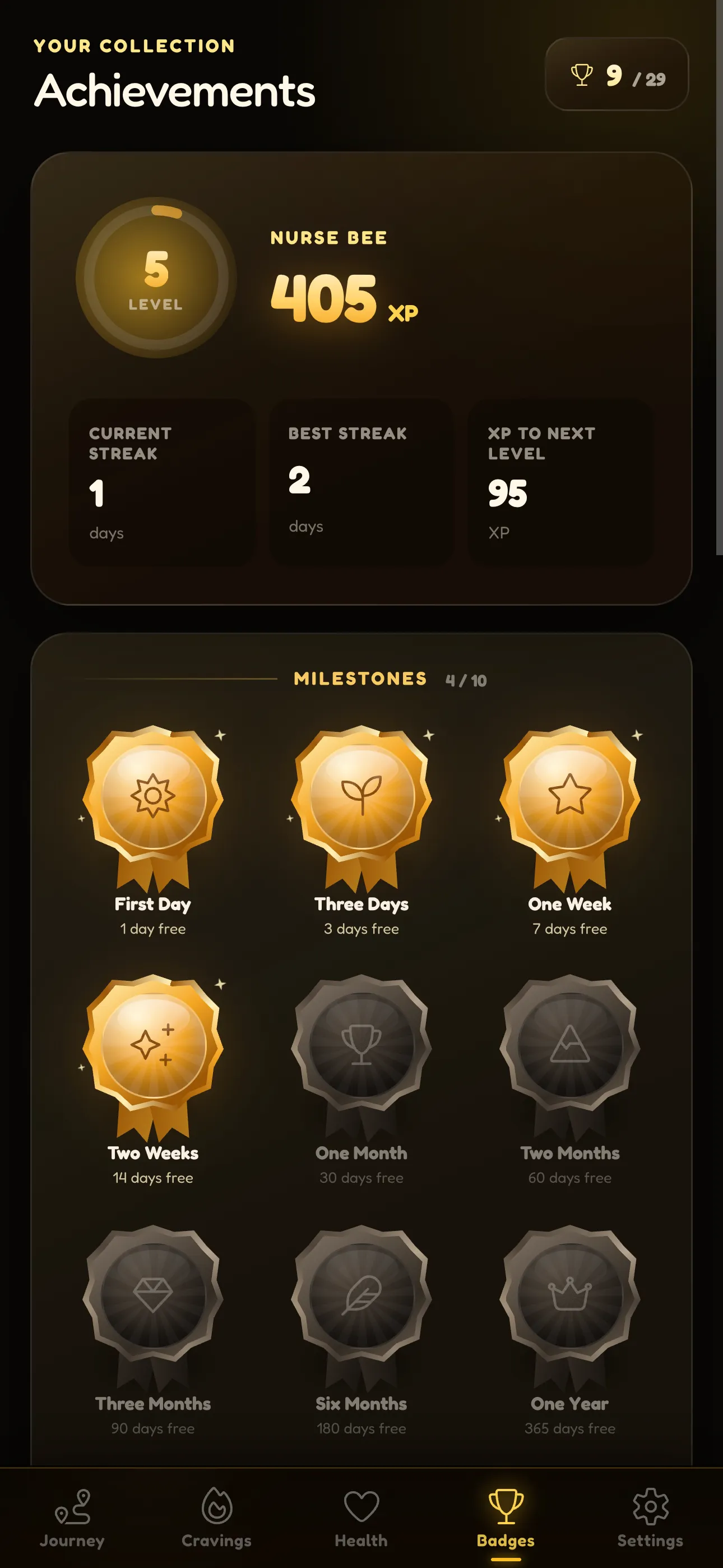 Beeside achievements screen showing level, streaks, and milestone badges
