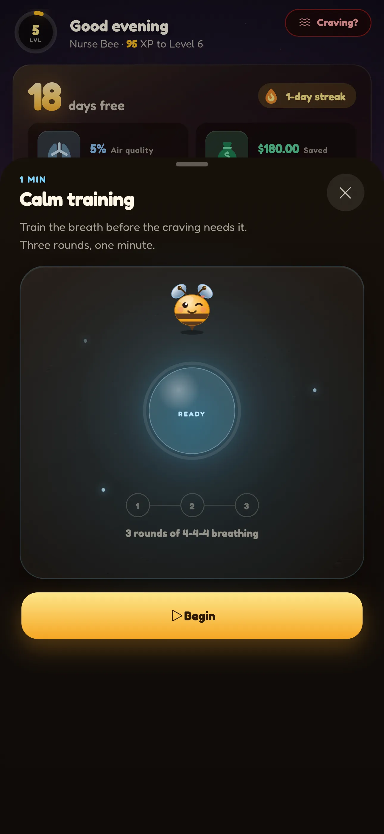 Beeside calm training screen guiding a one-minute breathing exercise