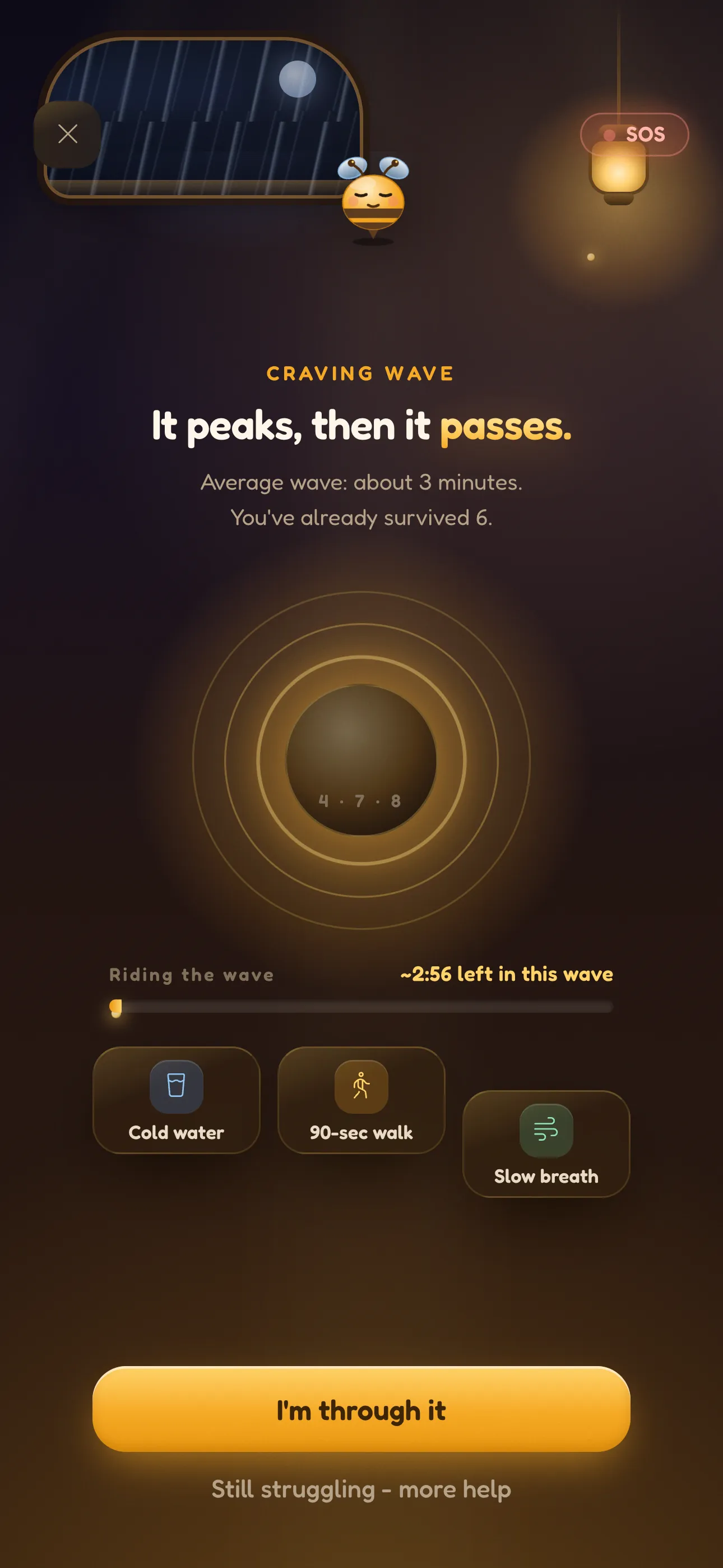 Beeside craving wave screen with a breathing timer and coping actions during a craving