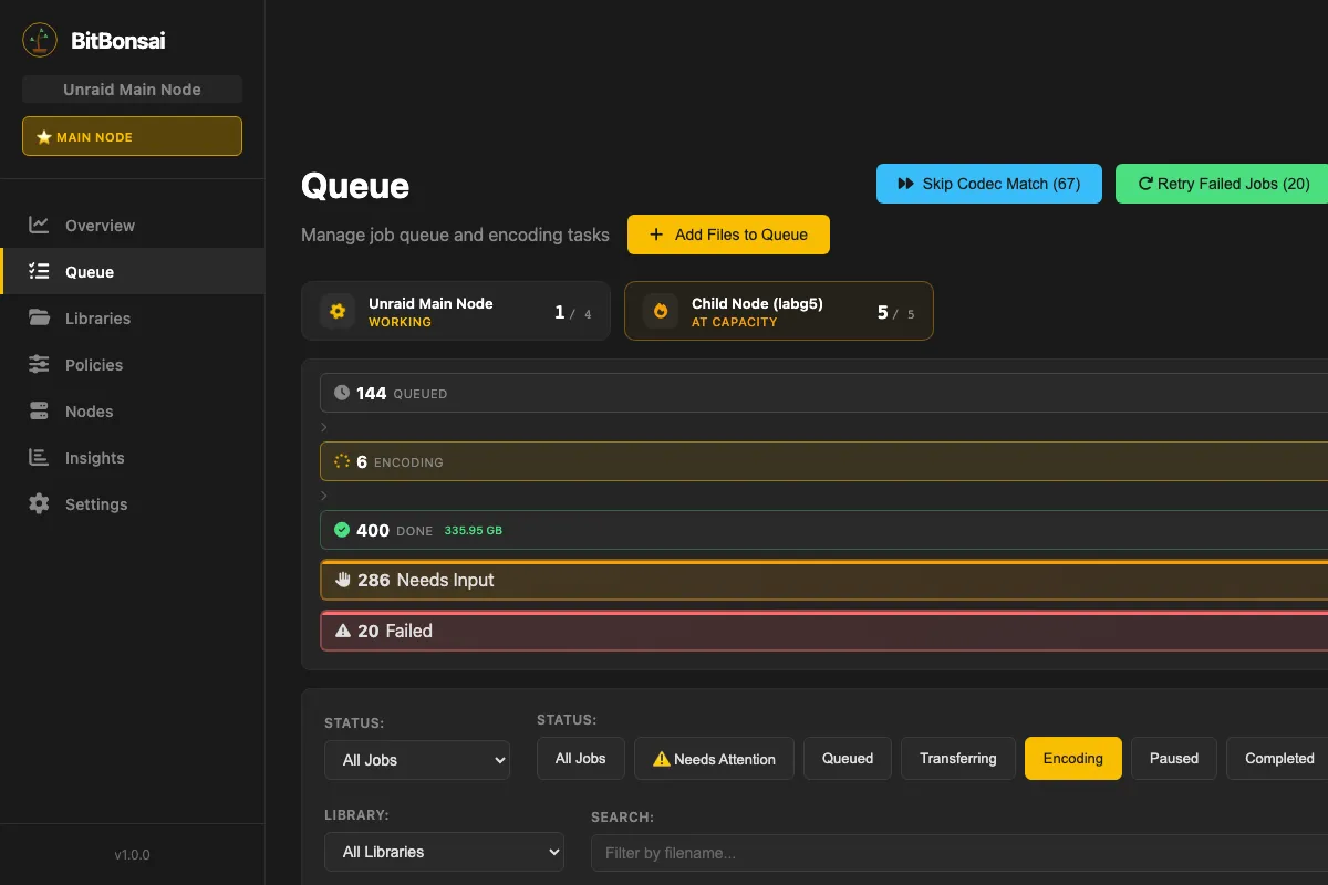 BitBonsai queue view of media files being re-encoded