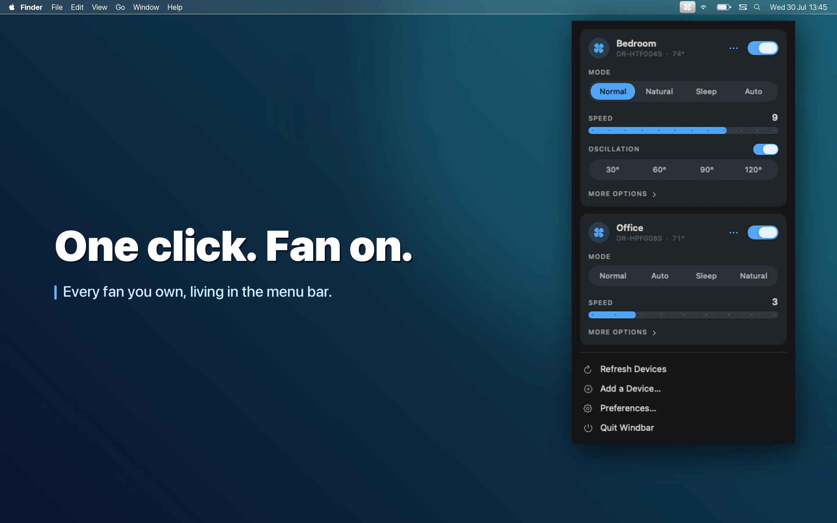 Windbar menu bar popover showing two Dreo fans with mode, speed, and oscillation controls