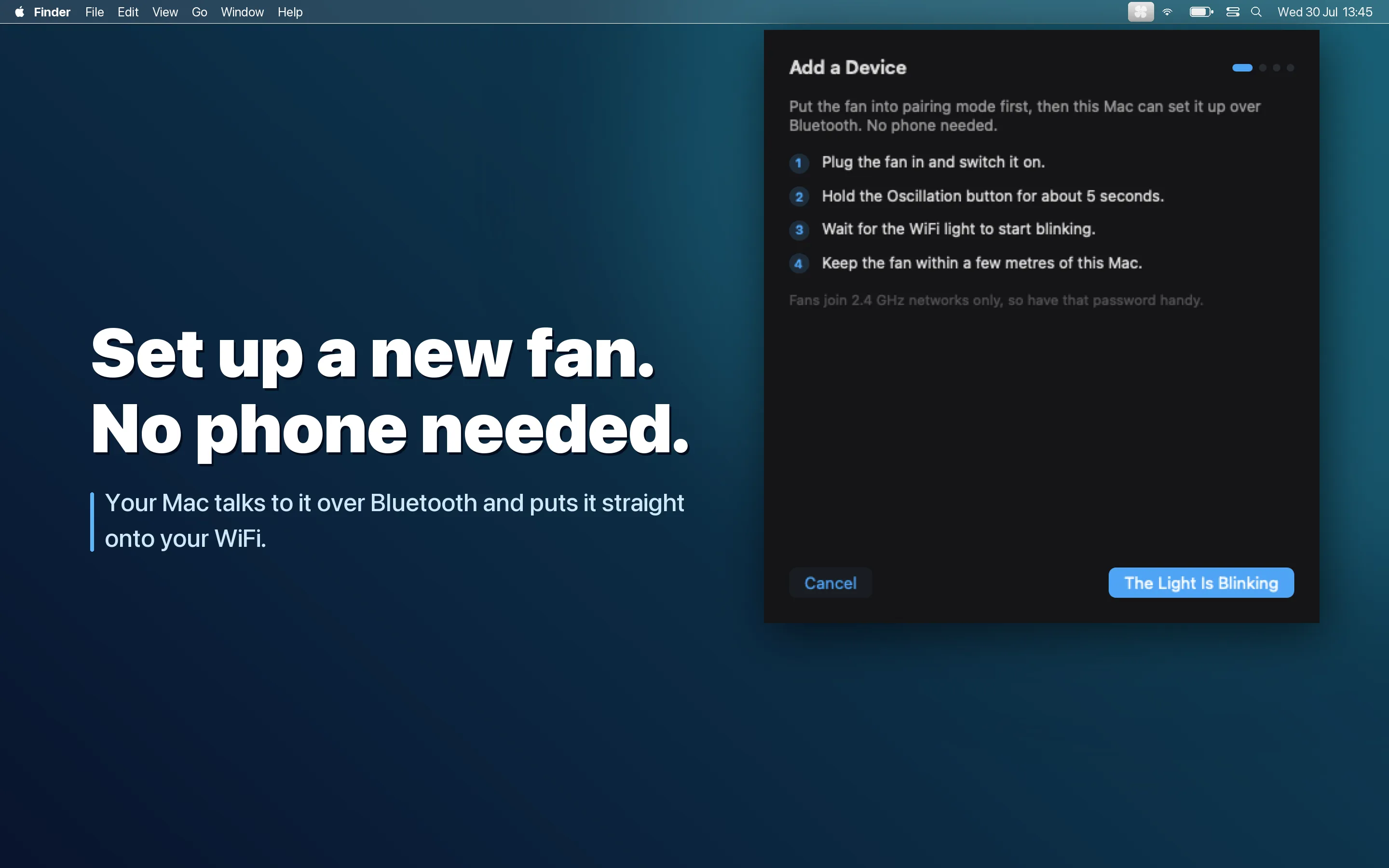 Windbar pairing wizard for setting up a new fan over Bluetooth, no phone needed