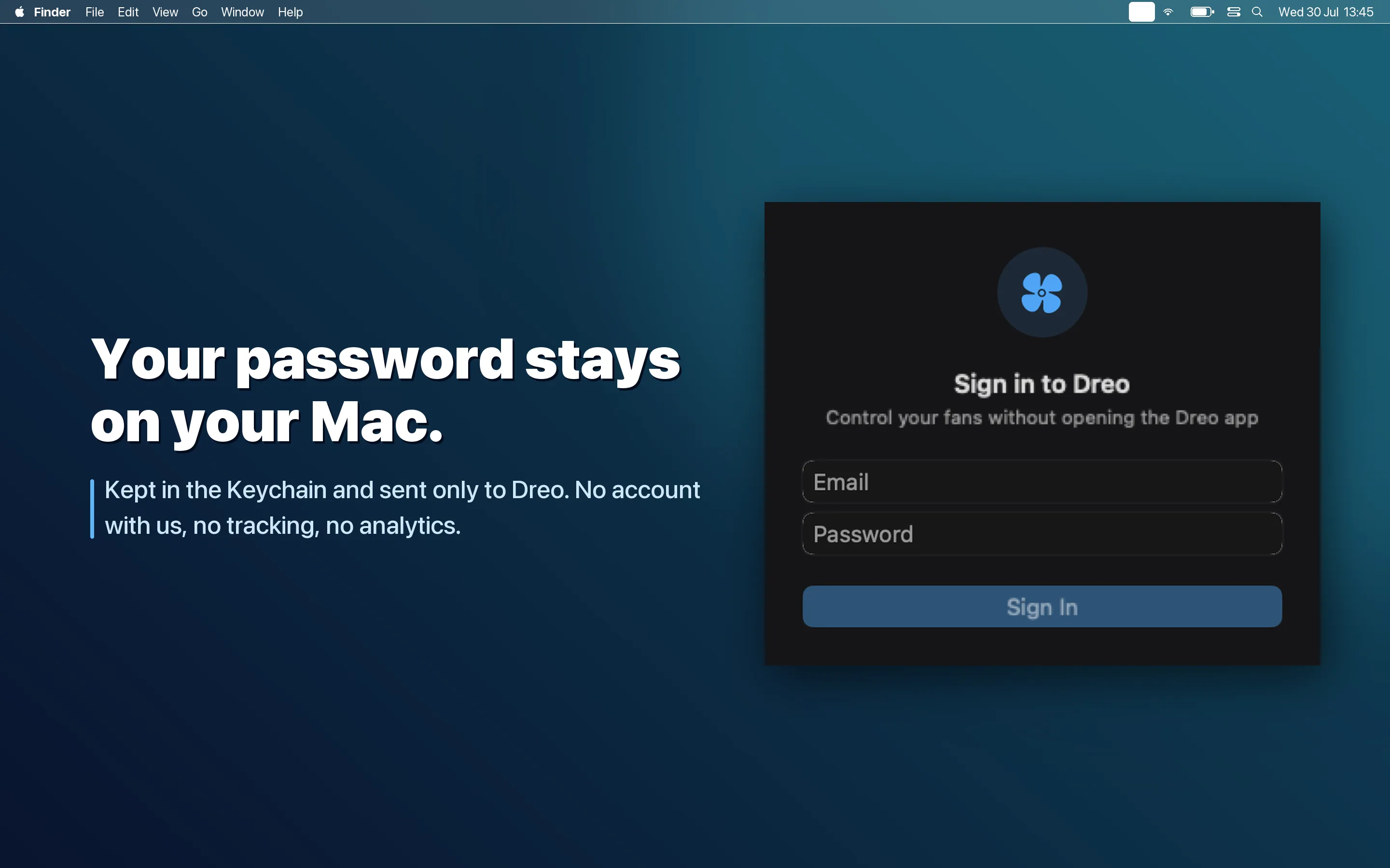 Windbar security screen showing your Dreo password stays on your Mac, kept in the Keychain
