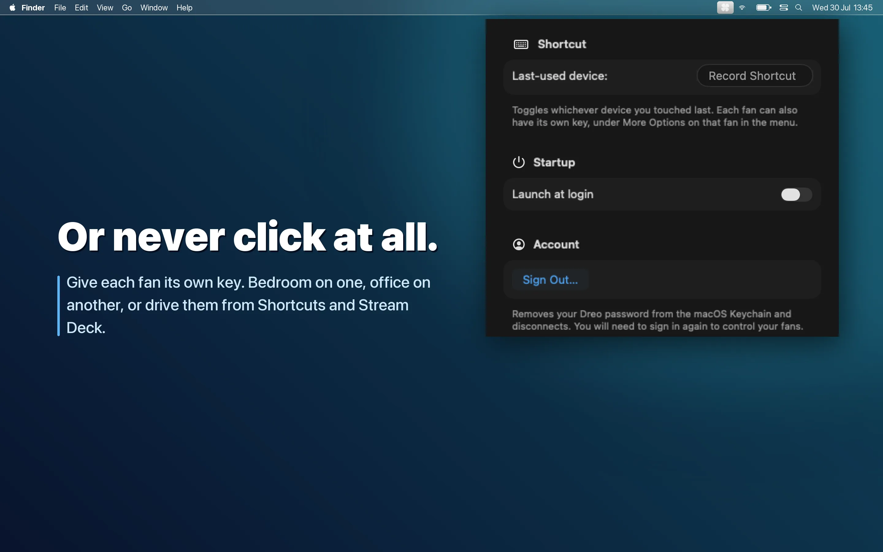 Windbar global keyboard shortcut and per-fan key settings